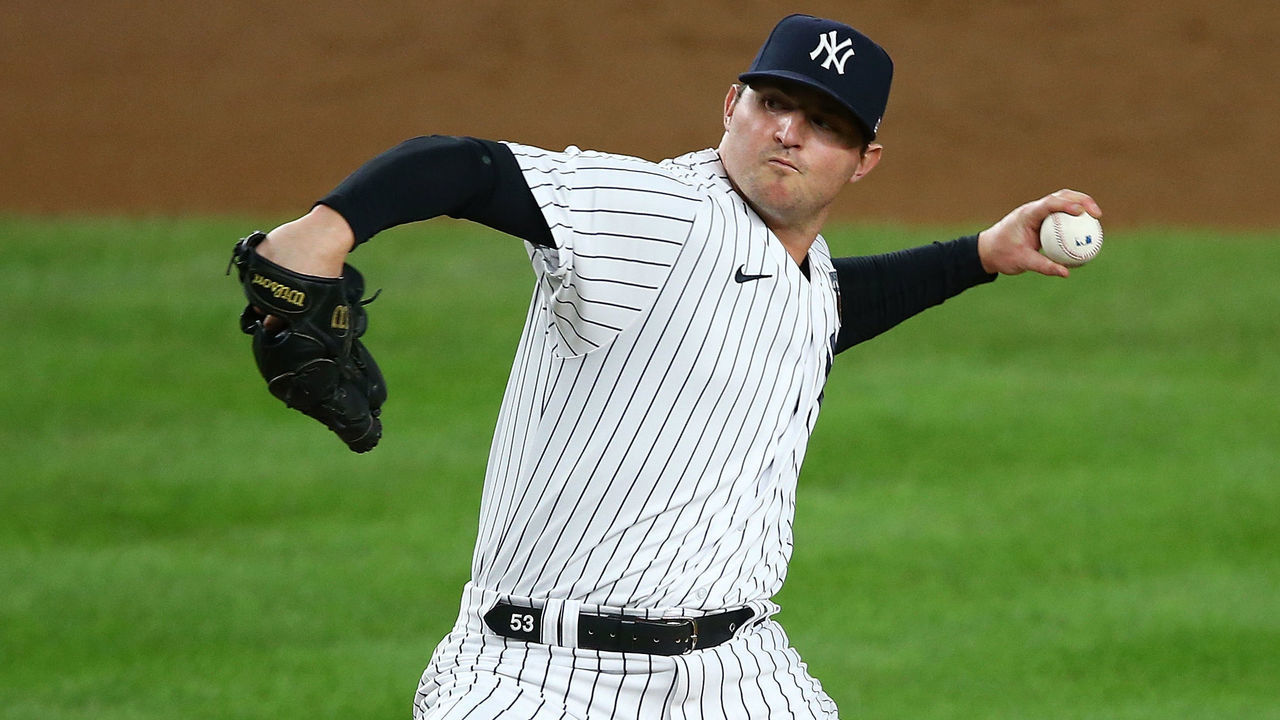 NEW YORK, NEW YORK - AUGUST 16: Zack Britton #53 of the New York Yankees in action against the Boston Red Sox at Yankee Stadium on August 16, 2020 in New York City. New York Yankees defeated the Boston Red Sox 4-2.