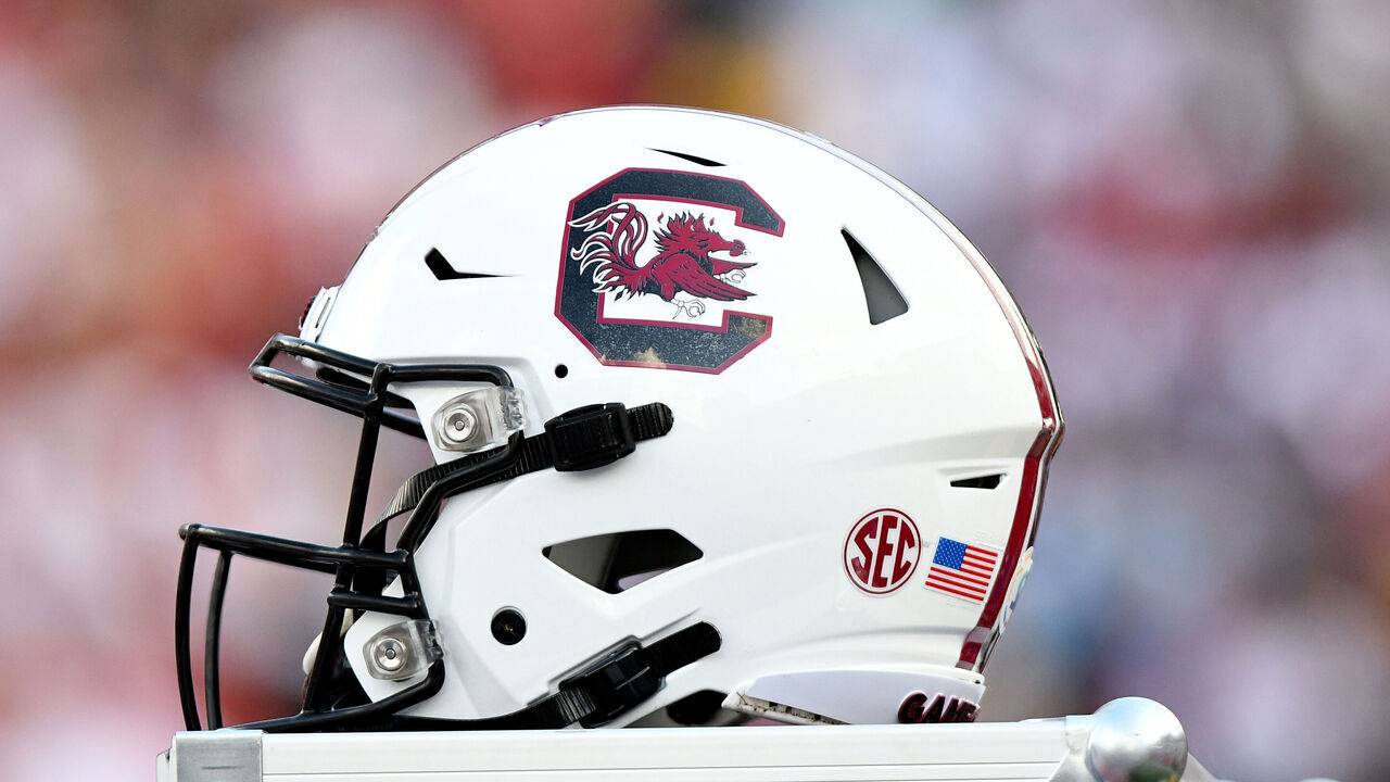 COLUMBIA, SC - SEPTEMBER 14: A South Carolina Gamecocks helmet sits on a trunk close to the bench during the game between the Alabama Crimson Tide and the South Carolina Gamecocks on September 14, 2019 at Williams-Brice Stadium in Columbia,SC.
