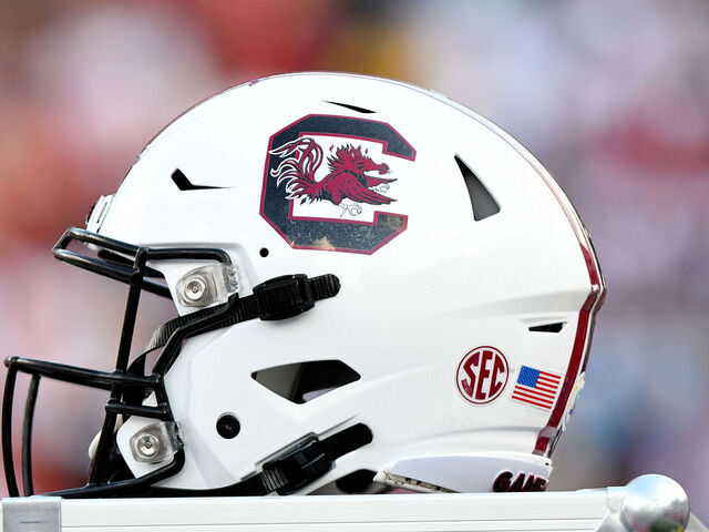 COLUMBIA, SC - SEPTEMBER 14: A South Carolina Gamecocks helmet sits on a trunk close to the bench during the game between the Alabama Crimson Tide and the South Carolina Gamecocks on September 14, 2019 at Williams-Brice Stadium in Columbia,SC.