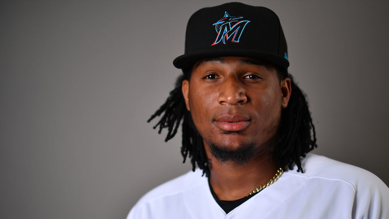 JUPITER, FLORIDA - FEBRUARY 19: Sixto Sanchez #73 of the Miami Marlins poses for a photo during Photo Day at Roger Dean Chevrolet Stadium on February 19, 2020 in Jupiter, Florida.