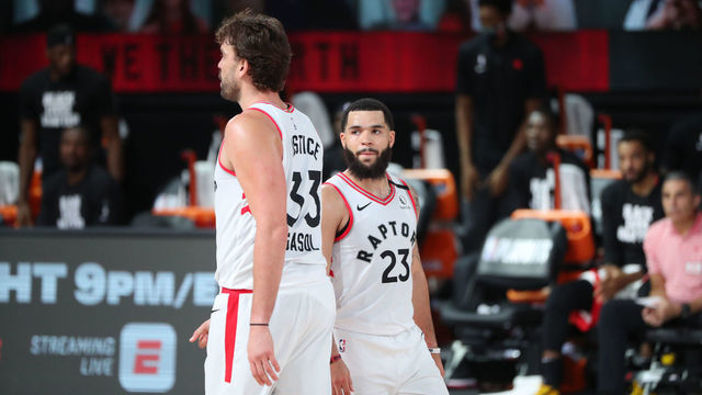 Orlando, FL - AUGUST 17: Marc Gasol #33 and Fred VanVleet #23 of the Toronto Raptors looks on during the game against the Brooklyn Nets during Round One, Game One of the NBA Playoffs on August 17, 2020 in Orlando, Florida at AdventHealth Arena. NOTE TO USER: User expressly acknowledges and agrees that, by downloading and/or using this Photograph, user is consenting to the terms and conditions of the Getty Images License Agreement. Mandatory Copyright Notice: Copyright 2020 NBAE
