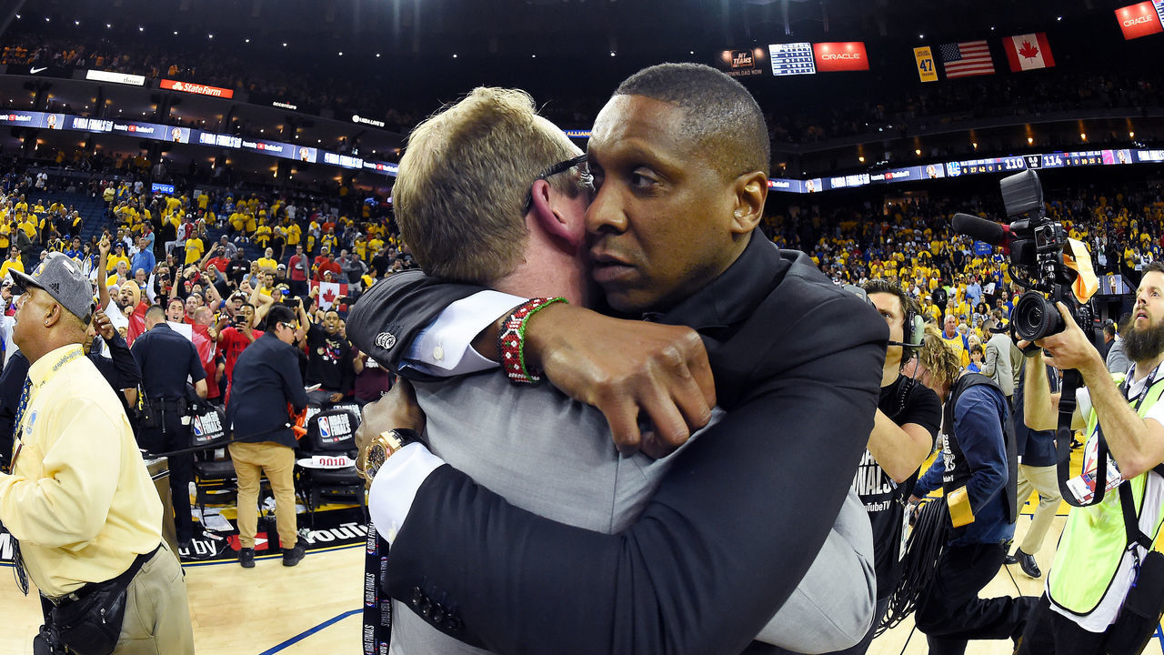 OAKLAND, CA - JUNE 13: Head Coach Nick Nurse and President of Basketball Operations Masai Ujiri of the Toronto Raptors hug after Game Six of the NBA Finals against the Golden State Warriors on June 13, 2019 at ORACLE Arena in Oakland, California. NOTE TO USER: User expressly acknowledges and agrees that, by downloading and/or using this photograph, user is consenting to the terms and conditions of Getty Images License Agreement. Mandatory Copyright Notice: Copyright 2019 NBAE