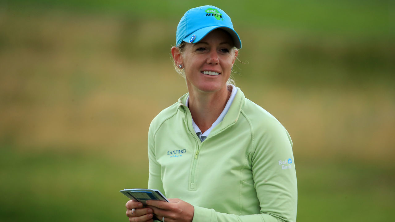 TROON, SCOTLAND - AUGUST 20: Amy Olson of The United States of America smiles on the 18th green during Day One of the 2020 AIG Women's Open at Royal Troon on August 20, 2020 in Troon, Scotland.