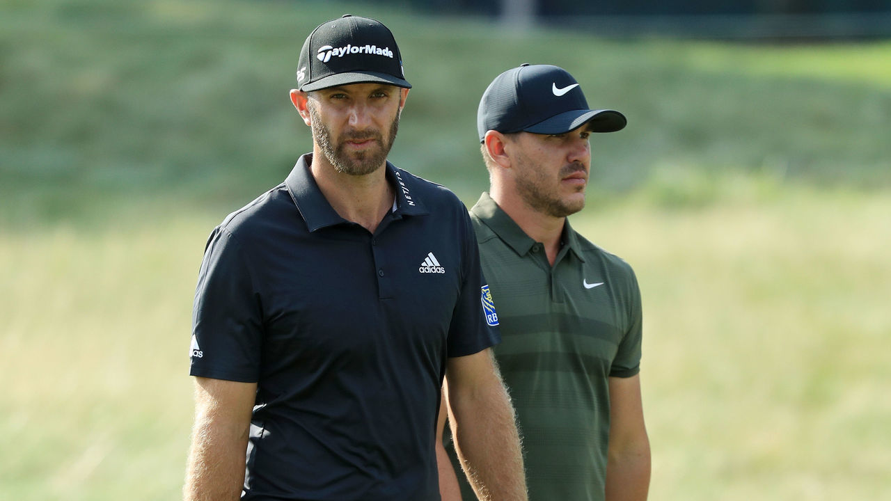 RIDGEWOOD, NJ - AUGUST 23: Dustin Johnson of the United States and Brooks Koepka of the United States walk on the 13th hole during the first round of The Northern Trust on August 23, 2018 at the Ridgewood Championship Course in Ridgewood, New Jersey.