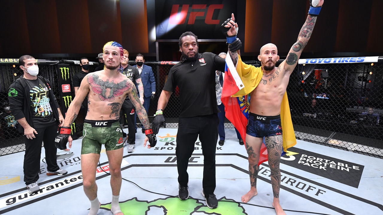 LAS VEGAS, NEVADA - AUGUST 15: Marlon Vera of Ecuador reacts after his TKO victory over Sean O'Malley in their bantamweight bout during the UFC 252 event at UFC APEX on August 15, 2020 in Las Vegas, Nevada.