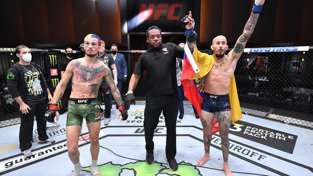 LAS VEGAS, NEVADA - AUGUST 15: Marlon Vera of Ecuador reacts after his TKO victory over Sean O'Malley in their bantamweight bout during the UFC 252 event at UFC APEX on August 15, 2020 in Las Vegas, Nevada.