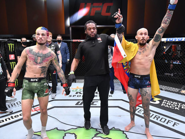 LAS VEGAS, NEVADA - AUGUST 15: Marlon Vera of Ecuador reacts after his TKO victory over Sean O'Malley in their bantamweight bout during the UFC 252 event at UFC APEX on August 15, 2020 in Las Vegas, Nevada.