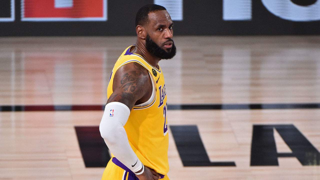 ORLANDO, FL - AUGUST 18: LeBron James #23 of the Los Angeles Lakers looks on against the Portland Trail Blazers during Round One, Game One of the NBA Playoffs on August 18, 2020 at the AdventHealth Arena at ESPN Wide World Of Sports Complex in Orlando, Florida. NOTE TO USER: User expressly acknowledges and agrees that, by downloading and/or using this Photograph, user is consenting to the terms and conditions of the Getty Images License Agreement. Mandatory Copyright Notice: Copyright 2020 NBAE