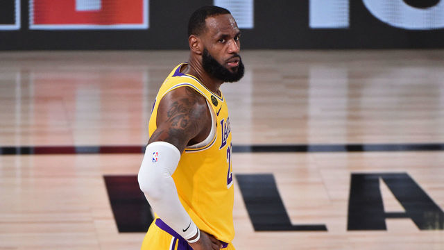 ORLANDO, FL - AUGUST 18: LeBron James #23 of the Los Angeles Lakers looks on against the Portland Trail Blazers during Round One, Game One of the NBA Playoffs on August 18, 2020 at the AdventHealth Arena at ESPN Wide World Of Sports Complex in Orlando, Florida. NOTE TO USER: User expressly acknowledges and agrees that, by downloading and/or using this Photograph, user is consenting to the terms and conditions of the Getty Images License Agreement. Mandatory Copyright Notice: Copyright 2020 NBAE