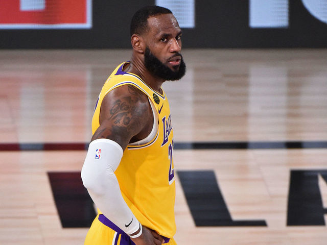 ORLANDO, FL - AUGUST 18: LeBron James #23 of the Los Angeles Lakers looks on against the Portland Trail Blazers during Round One, Game One of the NBA Playoffs on August 18, 2020 at the AdventHealth Arena at ESPN Wide World Of Sports Complex in Orlando, Florida. NOTE TO USER: User expressly acknowledges and agrees that, by downloading and/or using this Photograph, user is consenting to the terms and conditions of the Getty Images License Agreement. Mandatory Copyright Notice: Copyright 2020 NBAE