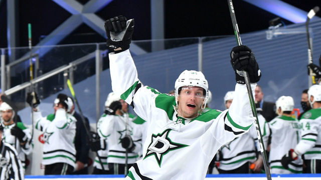 EDMONTON, ALBERTA - AUGUST 20: Denis Gurianov #34 of the Dallas Stars celebrates his second goal against the Calgary Flames during the second period of Game Six of the Western Conference First Round of the 2020 NHL Stanley Cup Playoffs at Rogers Place on August 20, 2020 in Edmonton, Alberta.