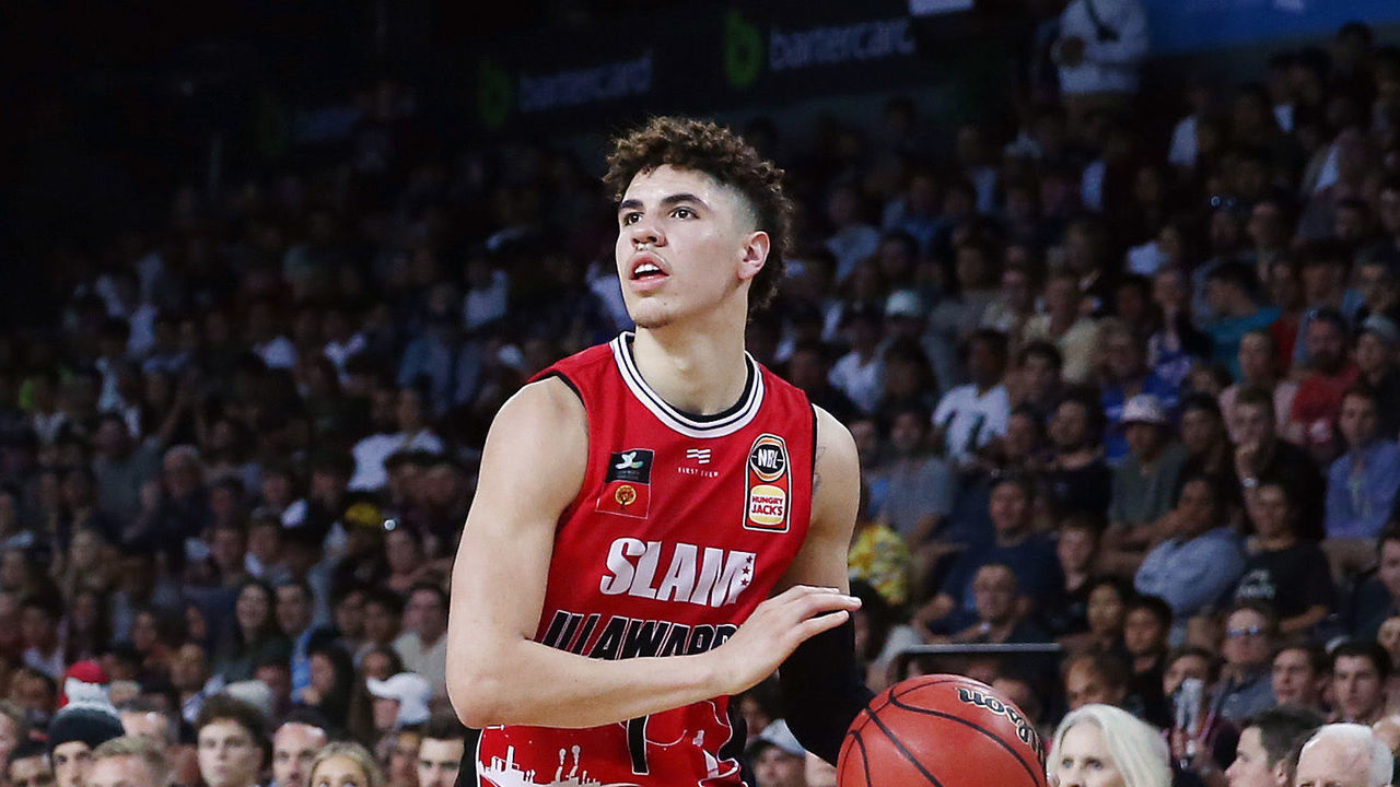 AUCKLAND, NEW ZEALAND - NOVEMBER 30: LaMelo Ball of the Hawks in action during the round 9 NBL match between the New Zealand Breakers and the Illawarra Hawks at Spark Arena on November 30, 2019 in Auckland, New Zealand.