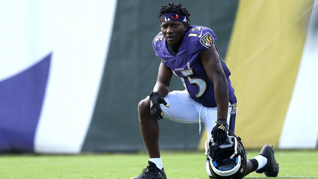 OWINGS MILLS, MARYLAND - AUGUST 17: wide receiver Marquise Brown #15 of the Baltimore Ravens looks on during the Baltimore Ravens Training Camp at Under Armour Performance Center Baltimore Ravens on August 17, 2020 in Owings Mills, Maryland.