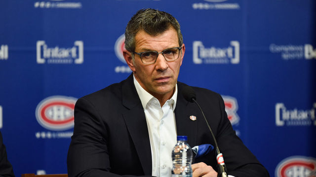 BROSSARD, QC - APRIL 9: Montreal Canadiens General Manager Marc Bergevin listens to journalists questions during the Montreal Canadiens end of season press conference on April 9, 2018, at Bell Sports Complex in Brossard, QC