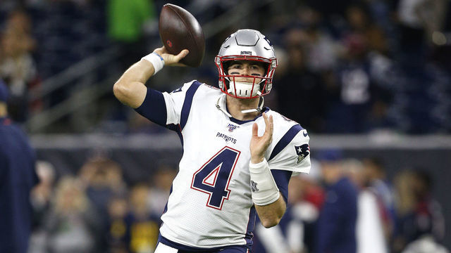 HOUSTON, TEXAS - DECEMBER 01: Jarrett Stidham #4 of the New England Patriots warms up prior to the game against the Houston Texans at NRG Stadium on December 01, 2019 in Houston, Texas.