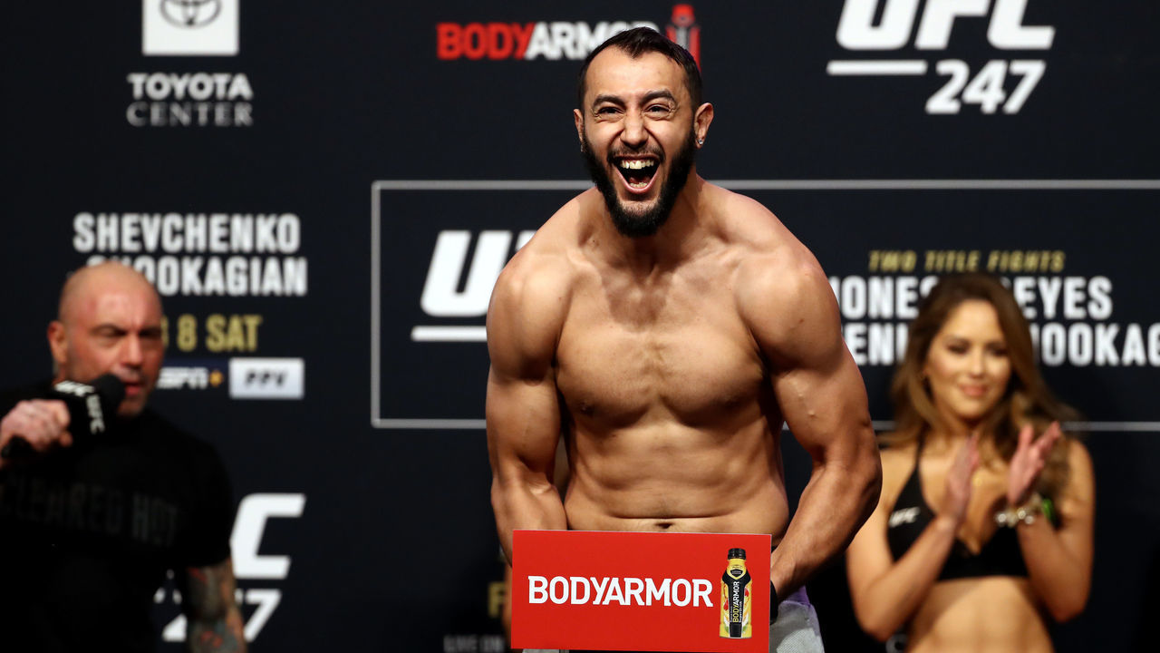 HOUSTON, TEXAS - FEBRUARY 07: Dominick Reyes yells on the scale during the UFC 247 ceremonial weigh-in at Toyota Center on February 07, 2020 in Houston, Texas.