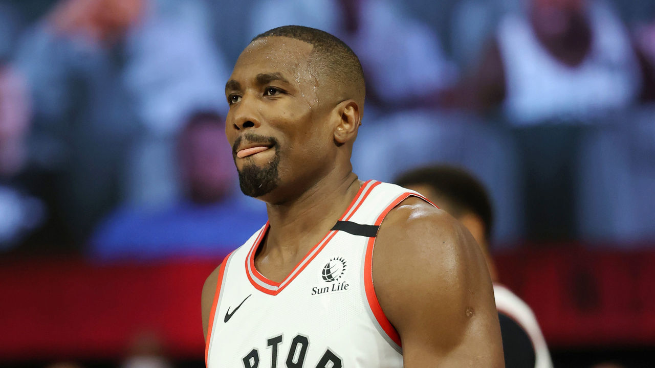 ORLANDO, FL - AUGUST 19: Serge Ibaka #9 of the Toronto Raptors looks on during the game against the Brooklyn Nets during Round One, Game 2 of the NBA Playoffs on August 19, 2020 at The Field House at ESPN Wide World of Sports in Orlando, Florida. NOTE TO USER: User expressly acknowledges and agrees that, by downloading and/or using this Photograph, user is consenting to the terms and conditions of the Getty Images License Agreement. Mandatory Copyright Notice: Copyright 2020 NBAE