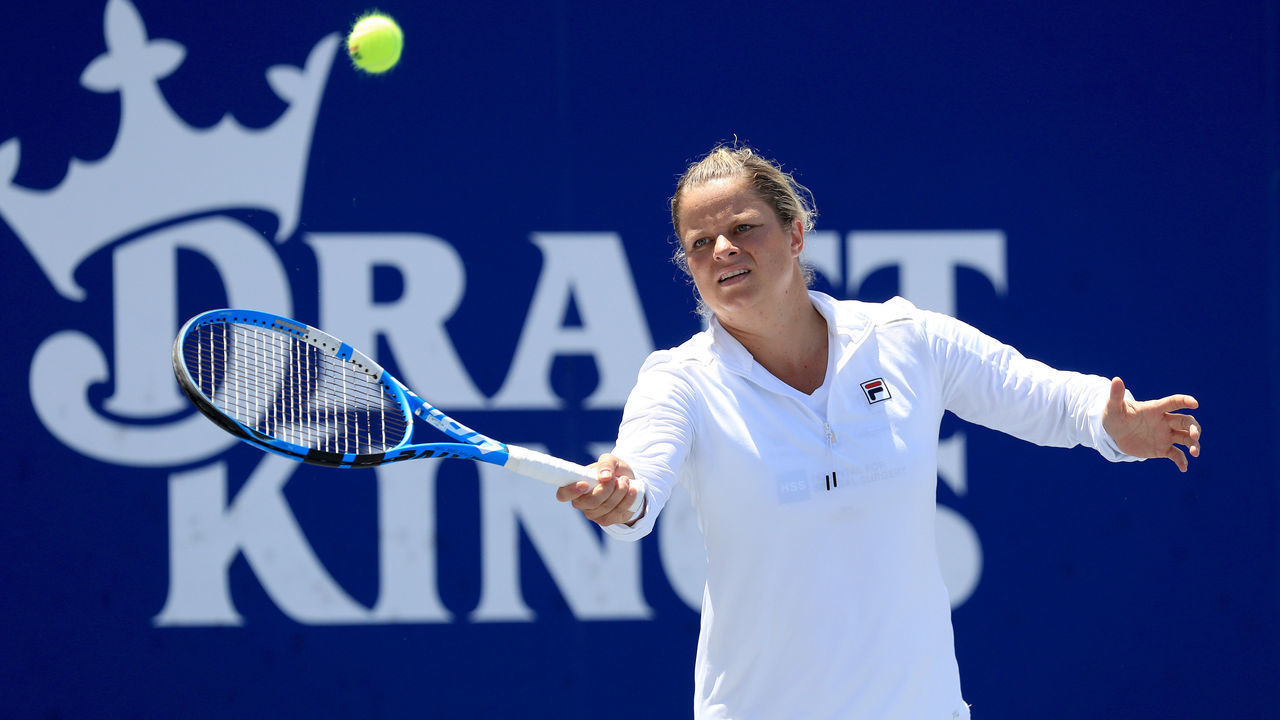 WHITE SULPHUR SPRINGS, WEST VIRGINIA - AUGUST 02: Kim Clijsters of the New York Empire helps warm up a teammate during the finals of the World TeamTennis at The Greenbrier on August 02, 2020 in White Sulphur Springs, West Virginia.