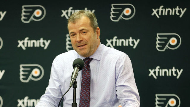 PHILADELPHIA, PA - MARCH 05: Head Coach of the Philadelphia Flyers Alain Vigneault speaks to the media after defeating the Carolina Hurricanes 4-1 on March 5, 2020 at the Wells Fargo Center in Philadelphia, Pennsylvania.