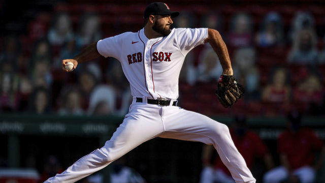 BOSTON, MA - AUGUST 19: Brandon Workman #44 of the Boston Red Sox delivers during the ninth inning of a game against the Philadelphia Phillies on August 19, 2020 at Fenway Park in Boston, Massachusetts. The 2020 season had been postponed since March due to the COVID-19 pandemic.
