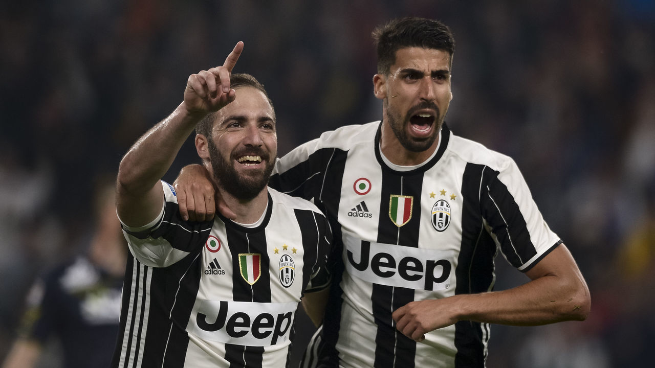 JUVENTUS STADIUM, TURIN, ITALY - 2017/04/08: Gonzalo Higuain (left) of Juventus FC celebrates with Sami Khedira after scoring a goal during the Serie A football match between Juventus FC and AC ChievoVerona. Juventus FC wins 2-0 over AC ChievoVerona.