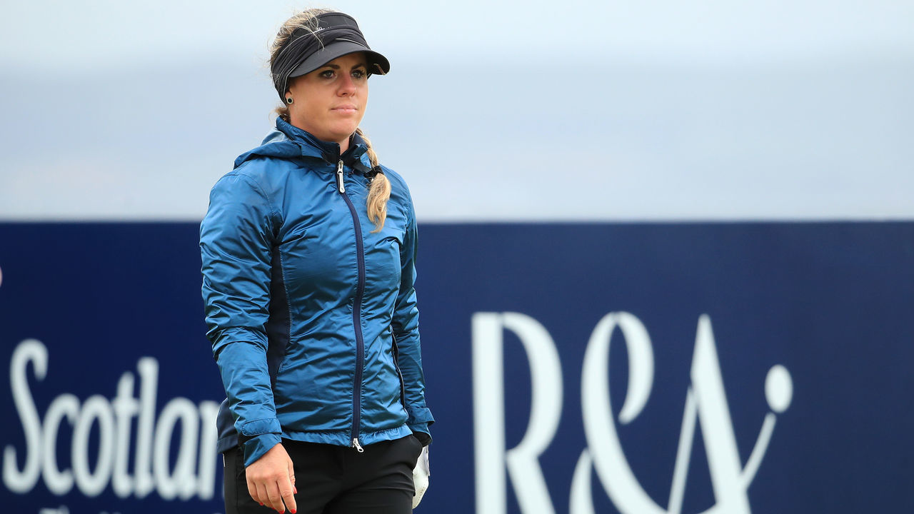TROON, SCOTLAND - AUGUST 21: Dani Holmqvist of Sweden walks off the 18th tee during Day Two of the AIG Women's Open 2020 at Royal Troon on August 21, 2020 in Troon, Scotland.