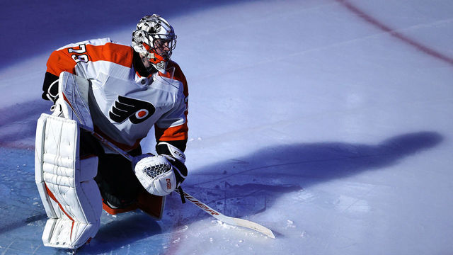 TORONTO, ONTARIO - AUGUST 18: Carter Hart #79 of the Philadelphia Flyers stretches in goal prior to Game Four of the Eastern Conference First Round against the Montreal Canadiens during the 2020 NHL Stanley Cup Playoffs at Scotiabank Arena on August 18, 2020 in Toronto, Ontario.