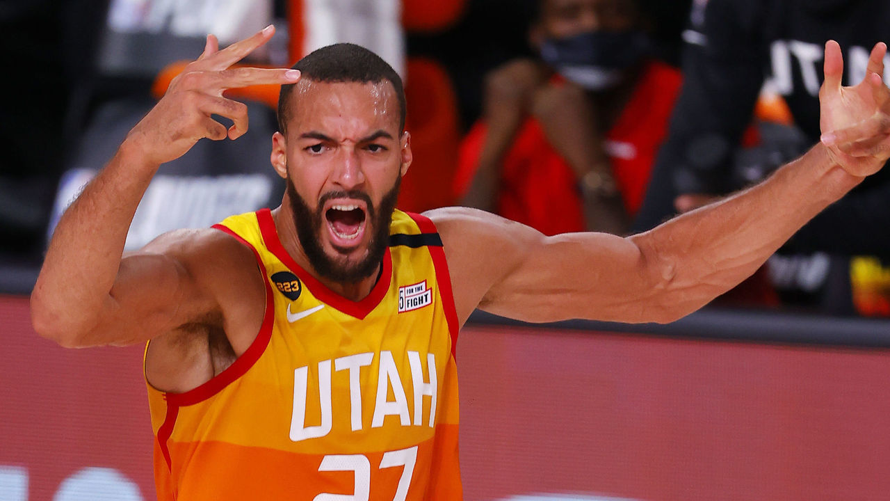 LAKE BUENA VISTA, FLORIDA - AUGUST 21: Rudy Gobert #27 of the Utah Jazz celebrates a basket against the Denver Nuggets during the second quarter in Game Three of the Western Conference First Round during the 2020 NBA Playoffs at AdventHealth Arena at ESPN Wide World Of Sports Complex on August 21, 2020 in Lake Buena Vista, Florida.