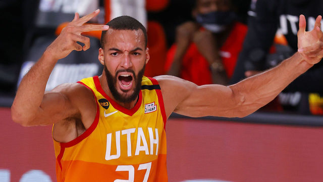LAKE BUENA VISTA, FLORIDA - AUGUST 21: Rudy Gobert #27 of the Utah Jazz celebrates a basket against the Denver Nuggets during the second quarter in Game Three of the Western Conference First Round during the 2020 NBA Playoffs at AdventHealth Arena at ESPN Wide World Of Sports Complex on August 21, 2020 in Lake Buena Vista, Florida.