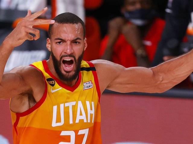 LAKE BUENA VISTA, FLORIDA - AUGUST 21: Rudy Gobert #27 of the Utah Jazz celebrates a basket against the Denver Nuggets during the second quarter in Game Three of the Western Conference First Round during the 2020 NBA Playoffs at AdventHealth Arena at ESPN Wide World Of Sports Complex on August 21, 2020 in Lake Buena Vista, Florida.