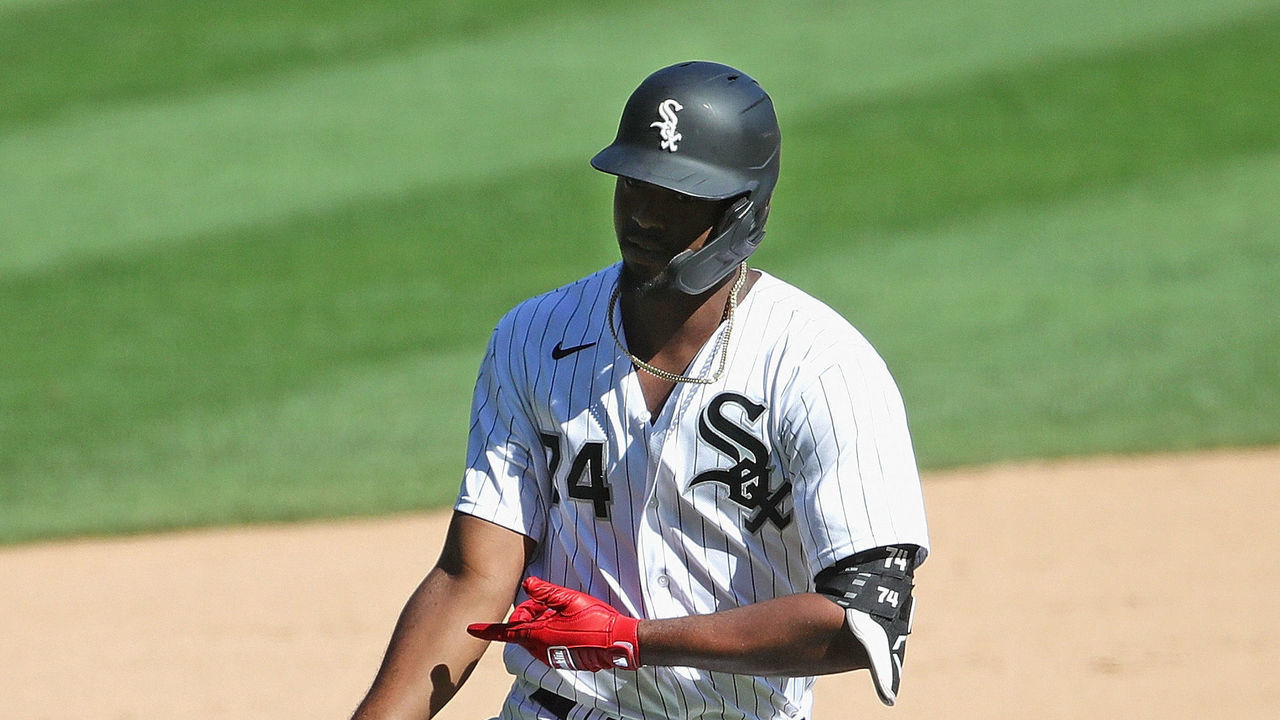 CHICAGO, ILLINOIS - AUGUST 20: Eloy Jimenez #74 of the Chicago White Sox celebrates as he runs the bases after hitting a two run home run in the 8th inning against the Detroit Tigers at Guaranteed Rate Field on August 20, 2020 in Chicago, Illinois. The White Sox defeated the Tigers 9-0.
