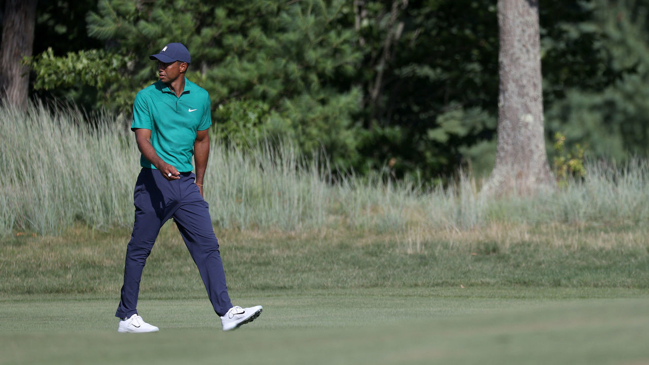 NORTON, MASSACHUSETTS - AUGUST 21: Tiger Woods of the United States walks the 12th fairway during the second round of The Northern Trust at TPC Boston on August 21, 2020 in Norton, Massachusetts.