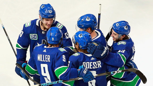 EDMONTON, ALBERTA - AUGUST 21: The Vancouver Canucks celebrate a power-play goal by Brock Boeser #6 against the St. Louis Blues at 8:06 of the second period in Game Six of the Western Conference First Round during the 2020 NHL Stanley Cup Playoffs at Rogers Place on August 21, 2020 in Edmonton, Alberta, Canada.