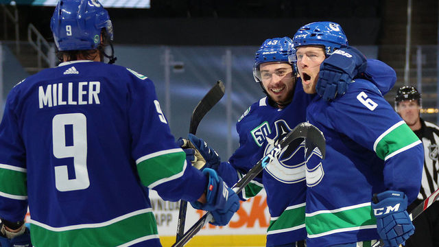 EDMONTON, ALBERTA - AUGUST 21: Brock Boeser #6 of the Vancouver Canucks celebrates with Quinn Hughes #43 and J.T. Miller #9 after Boeser scored in the second period of Game Six of the Western Conference First Round of the 2020 NHL Stanley Cup Playoff between the St. Louis Blues and the Vancouver Canucks at Rogers Place on August 21, 2020 in Edmonton, Alberta.