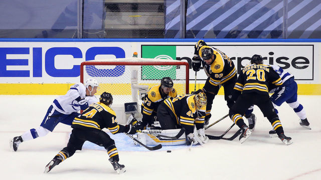 TORONTO, ONTARIO - AUGUST 05: The Boston Bruins skates against the Tampa Bay Lightning during the third period in an Eastern Conference Round Robin game during the 2020 NHL Stanley Cup Playoff at Scotiabank Arena on August 5, 2020 in Toronto, Ontario, Canada. The Lightning defeated the Bruins 3-2.