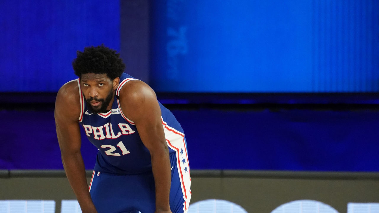 ORLANDO, FL - AUGUST 21: Joel Embiid #21 of the Philadelphia 76ers looks on during a game against the Boston Celtics during Round One, Game Three of the NBA Playoffs on August 21, 2020 at the The Field House at ESPN Wide World Of Sports Complex in Orlando, Florida. NOTE TO USER: User expressly acknowledges and agrees that, by downloading and/or using this Photograph, user is consenting to the terms and conditions of the Getty Images License Agreement. Mandatory Copyright Notice: Copyright 2020 NBAE
