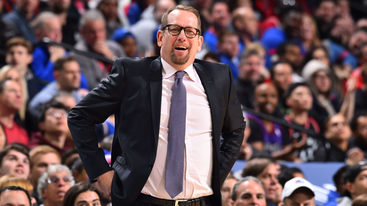 PHILADELPHIA, PA - DECEMBER 8: Head Coach Nick Nurse of the Toronto Raptors smiles during a game against the Philadelphia 76ers on December 8, 2019 at the Wells Fargo Center in Philadelphia, Pennsylvania NOTE TO USER: User expressly acknowledges and agrees that, by downloading and/or using this Photograph, user is consenting to the terms and conditions of the Getty Images License Agreement. Mandatory Copyright Notice: Copyright 2019 NBAE