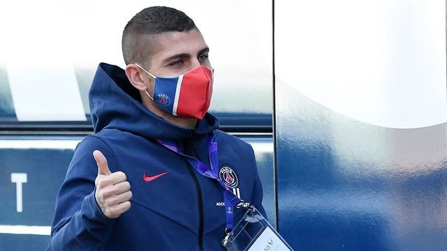 Paris Saint-Germain's Italian midfielder Marco Verratti leaves the team hotel in Lisbon on August 14, 2020 during the UEFA Champions League finals.