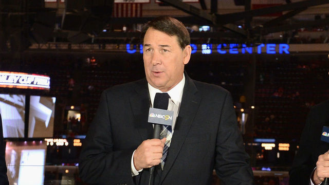 CHICAGO, IL - JUNE 15: (L-R) NBC hockey analysts Liam McHugh, Mike Milbury and Keith Jones discuss Game Two of the 2013 Stanley Cup Final between the Chicago Blackhawks and the Boston Bruins at the United Center on June 15, 2013 in Chicago, Illinois.