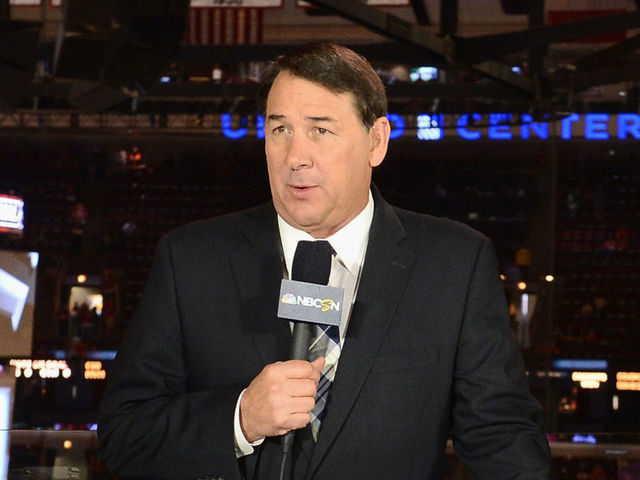 CHICAGO, IL - JUNE 15: (L-R) NBC hockey analysts Liam McHugh, Mike Milbury and Keith Jones discuss Game Two of the 2013 Stanley Cup Final between the Chicago Blackhawks and the Boston Bruins at the United Center on June 15, 2013 in Chicago, Illinois.