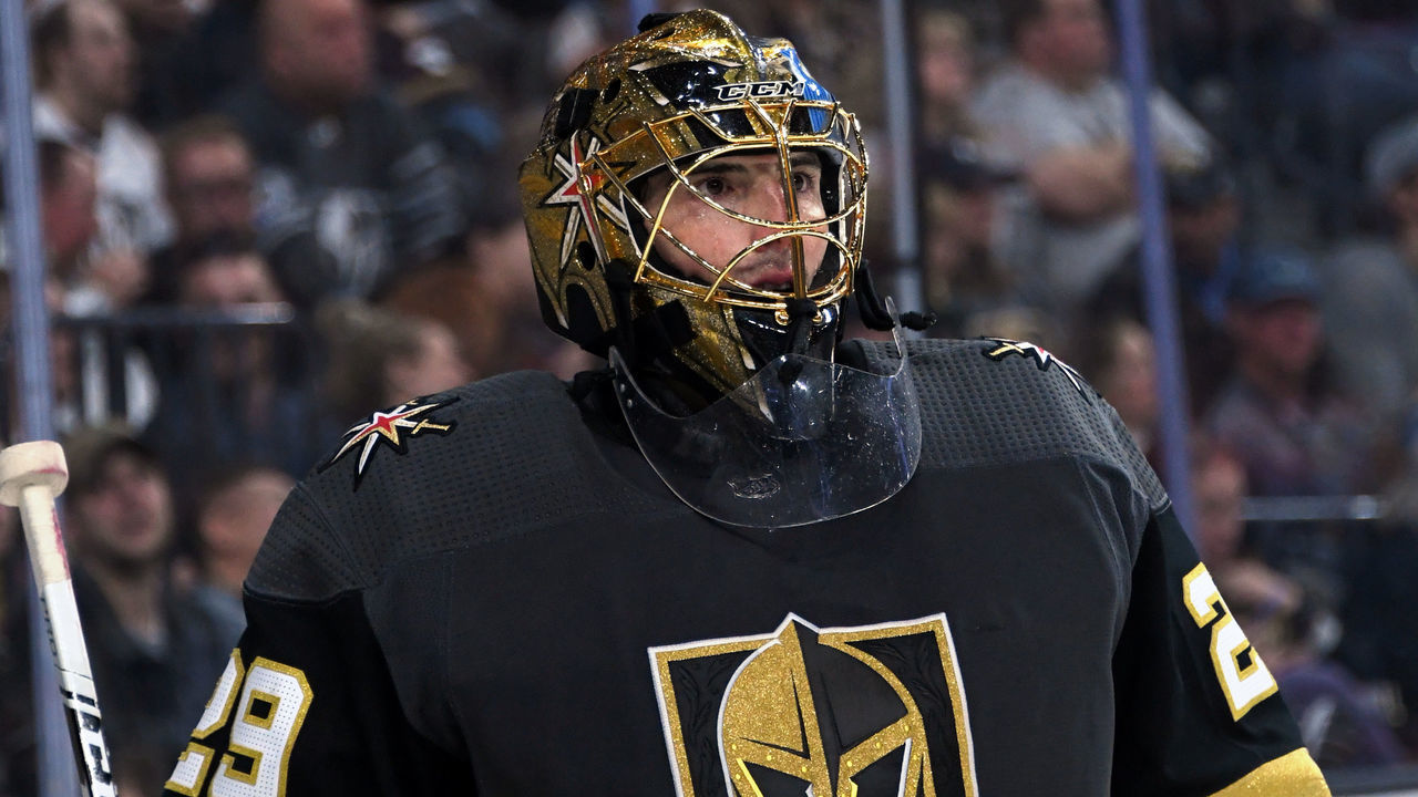 LAS VEGAS, NEVADA - FEBRUARY 26: Marc-Andre Fleury #29 of the Vegas Golden Knights takes a break during a stop in play in the third period of a game against the Edmonton Oilers at T-Mobile Arena on February 26, 2020 in Las Vegas, Nevada. The Golden Knights defeated the Oilers 3-0.
