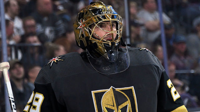 LAS VEGAS, NEVADA - FEBRUARY 26: Marc-Andre Fleury #29 of the Vegas Golden Knights takes a break during a stop in play in the third period of a game against the Edmonton Oilers at T-Mobile Arena on February 26, 2020 in Las Vegas, Nevada. The Golden Knights defeated the Oilers 3-0.