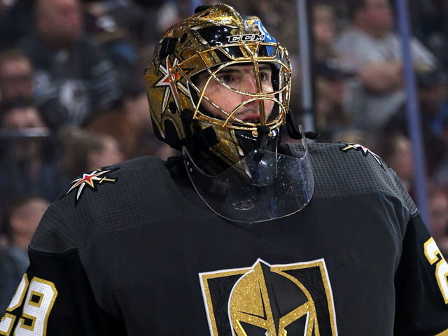 LAS VEGAS, NEVADA - FEBRUARY 26: Marc-Andre Fleury #29 of the Vegas Golden Knights takes a break during a stop in play in the third period of a game against the Edmonton Oilers at T-Mobile Arena on February 26, 2020 in Las Vegas, Nevada. The Golden Knights defeated the Oilers 3-0.