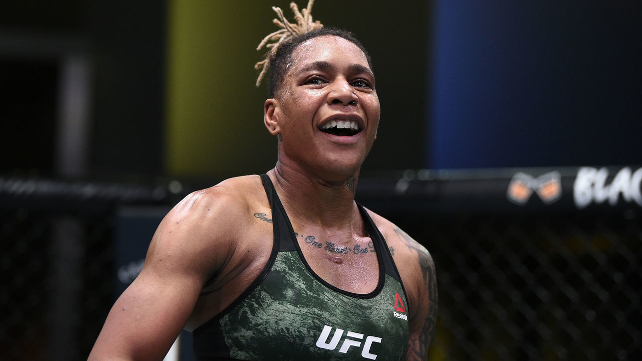 LAS VEGAS, NEVADA - AUGUST 22: Shana Dobson reacts after her TKO victory over Mariya Agapova of Kazakhstan in their flyweight fight during the UFC Fight Night event at UFC APEX on August 22, 2020 in Las Vegas, Nevada.