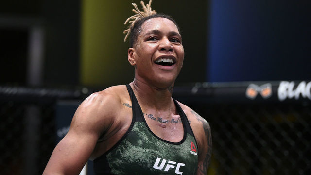 LAS VEGAS, NEVADA - AUGUST 22: Shana Dobson reacts after her TKO victory over Mariya Agapova of Kazakhstan in their flyweight fight during the UFC Fight Night event at UFC APEX on August 22, 2020 in Las Vegas, Nevada.