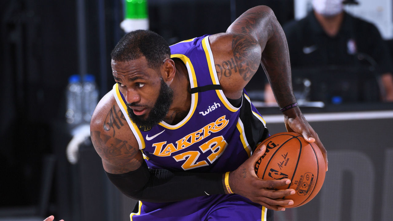 ORLANDO, FL - AUGUST 22: LeBron James #23 of the Los Angeles Lakers handles the ball against the Portland Trail Blazers during Round One, Game Three of the NBA Playoffs on August 22, 2020 at AdventHealth Arena in Orlando, Florida. NOTE TO USER: User expressly acknowledges and agrees that, by downloading and/or using this Photograph, user is consenting to the terms and conditions of the Getty Images License Agreement. Mandatory Copyright Notice: Copyright 2020 NBAE