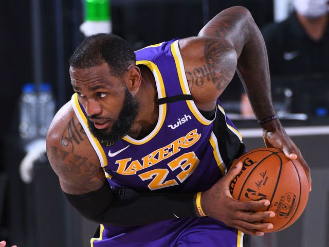 ORLANDO, FL - AUGUST 22: LeBron James #23 of the Los Angeles Lakers handles the ball against the Portland Trail Blazers during Round One, Game Three of the NBA Playoffs on August 22, 2020 at AdventHealth Arena in Orlando, Florida. NOTE TO USER: User expressly acknowledges and agrees that, by downloading and/or using this Photograph, user is consenting to the terms and conditions of the Getty Images License Agreement. Mandatory Copyright Notice: Copyright 2020 NBAE