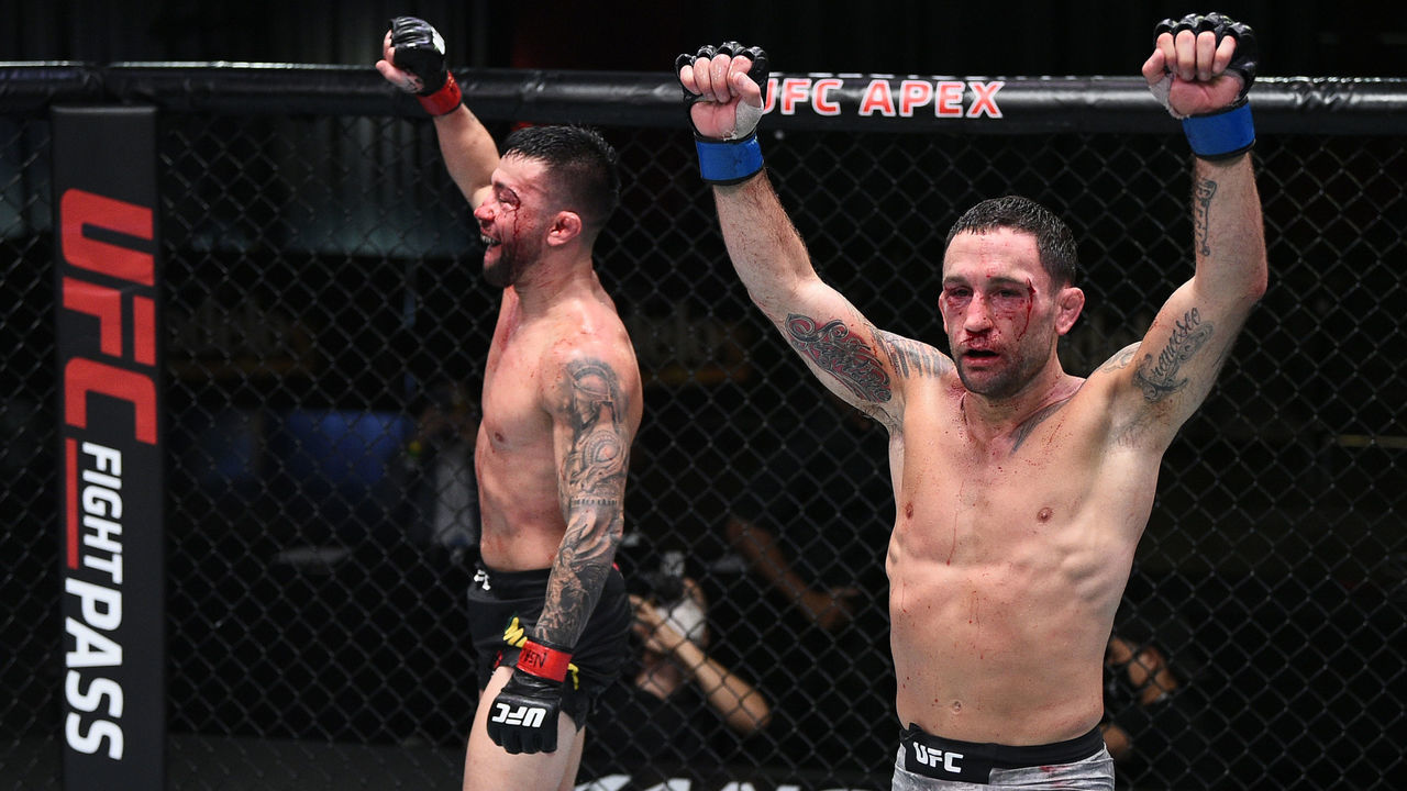 LAS VEGAS, NEVADA - AUGUST 22: (R-L) Frankie Edgar and Pedro Munhoz of Brazil react after the conclusion of their bantamweight fight during the UFC Fight Night event at UFC APEX on August 22, 2020 in Las Vegas, Nevada.