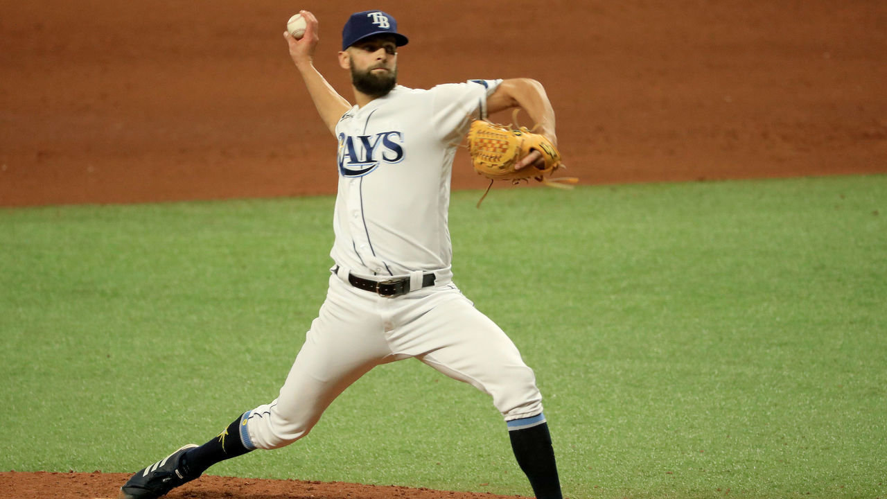 ST PETERSBURG, FLORIDA - AUGUST 08: Nick Anderson #70 of the Tampa Bay Rays pitches during Game 2 of a double header against the New York Yankees at Tropicana Field on August 08, 2020 in St Petersburg, Florida.