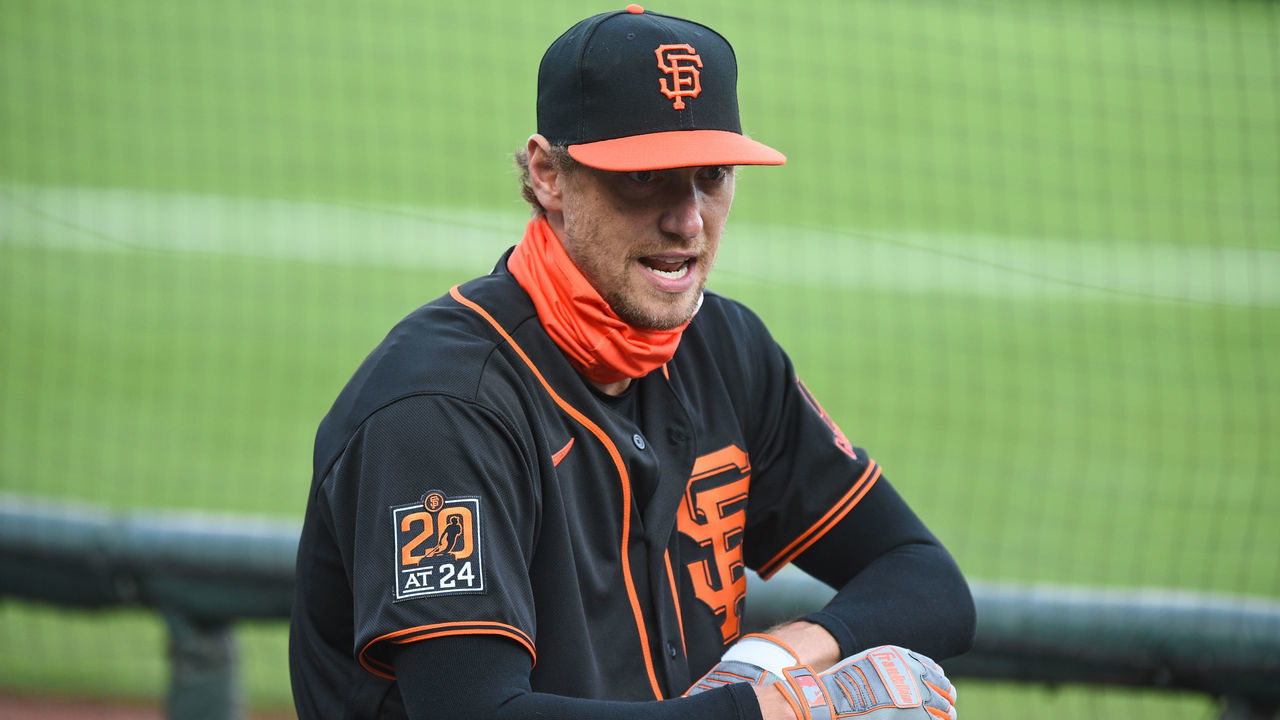 SAN FRANCISCO, CA - AUGUST 01: San Francisco Giants designated hitter Hunter Pence (8) during the Major League Baseball game between the Texas Rangers and the San Francisco Giants at Oracle Park on August 1, 2020 in San Francisco, CA.